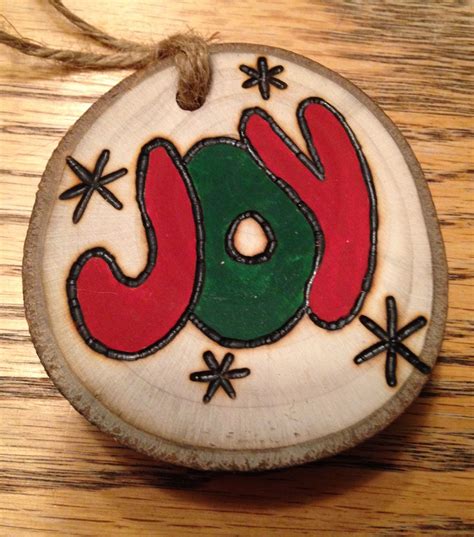 Rustic hand painted JOY wood burned Christmas ornament - natural wood ...