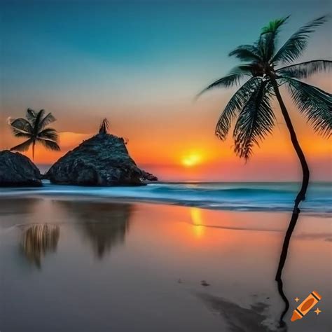 Absolutely gorgeous stunning beautiful beach scene at sunset one palm ...