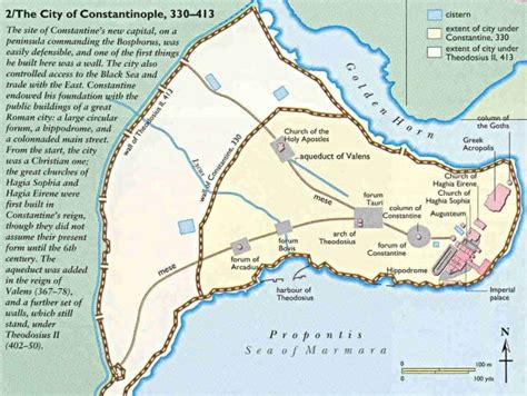 Map of Constantinople with Theodosian Wall - Ancient Theodosian Walls of Istanbul