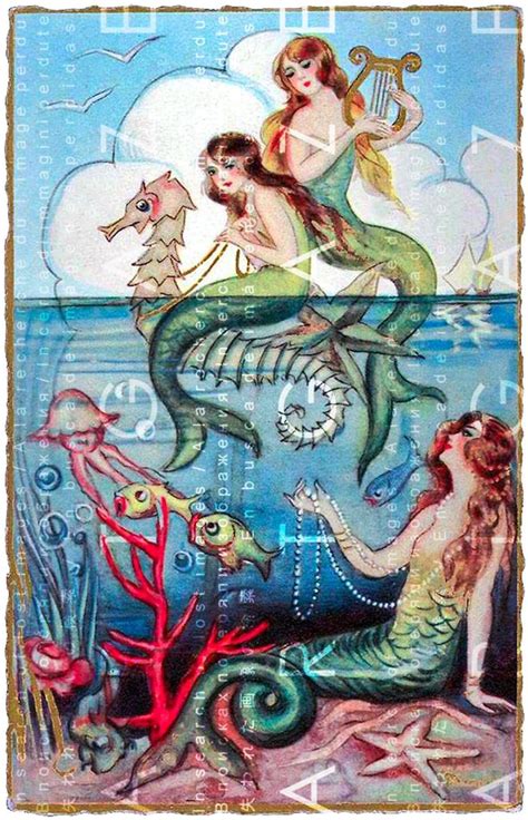 Art Deco Mermaids Riding A Sea Horse. Flapper Mermaids. | Etsy | Mermaid images, Mermaid ...