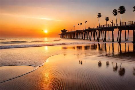 Premium AI Image | A sunset view of the ocean and a pier.