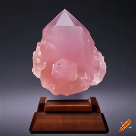 Rose quartz crystal on mahogany stand on Craiyon