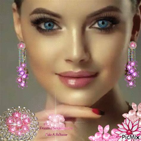 a beautiful woman with blue eyes and pink flowers on her necklace, earrings and ring