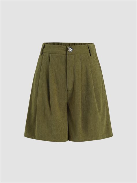 Corduroy Pleated Solid Midi Shorts - Cider