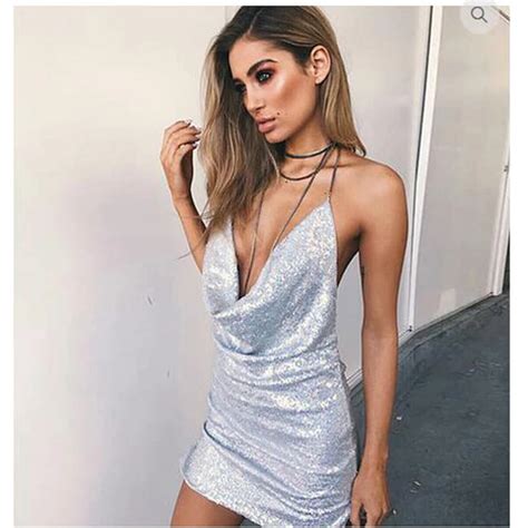 Kisscc Sexy Deep V Neck Low Cut Sequined Dress Hollow Out Backless ...