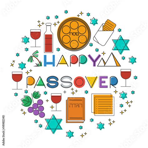 "Happy Passover (jewish holiday). Greeting card. Elements set. Vectot linear illustration with ...