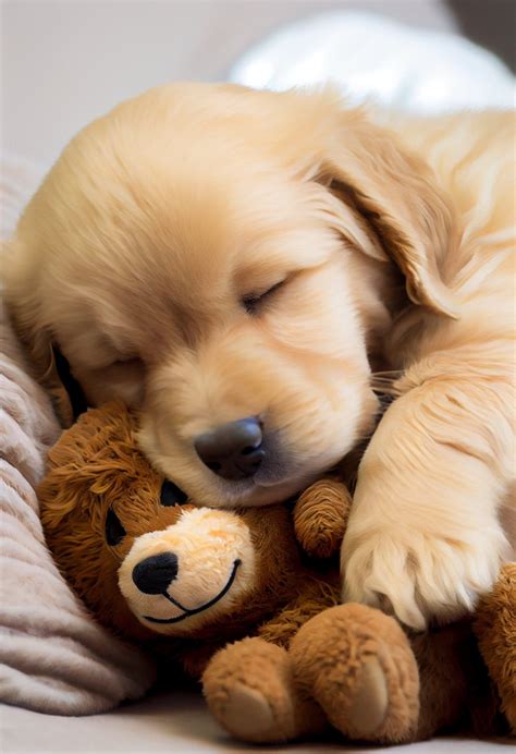 Cute Puppy Sleeping with Teddy Bear Golden Retriever Adorable Happy Labrador Funny Dog Animal ...