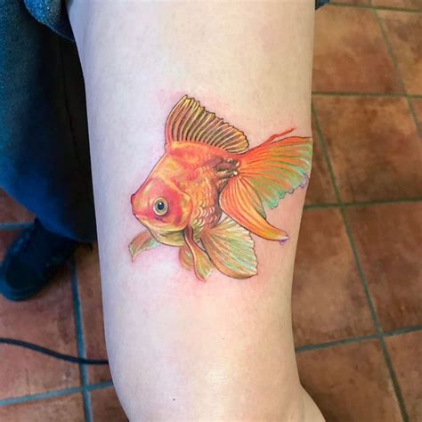 An incredible realistic colour / color ‘Dave’ the Goldfish tattoo by davidcorden on Instagram. # ...