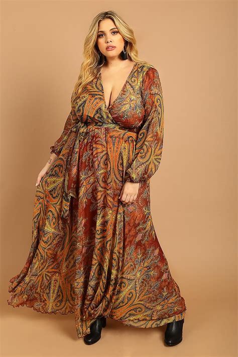 Go for a fun, bohemian look! This plus size maxi dress is decorated ...