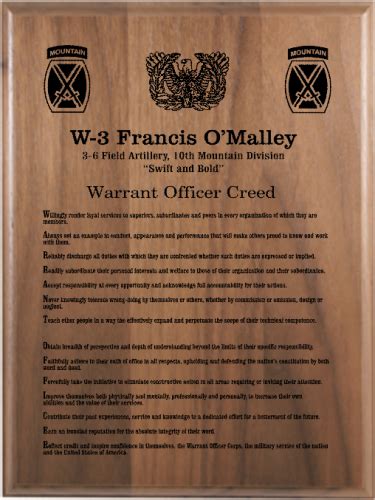 Warrant Officer Creed Walnut Plaque Army "Creed" Retirement Plaques