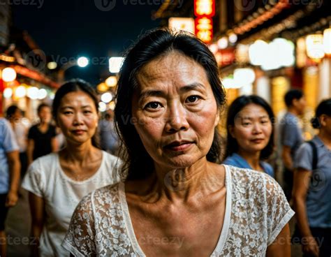photo of senior old woman with friends in china local street market at night, generative AI ...