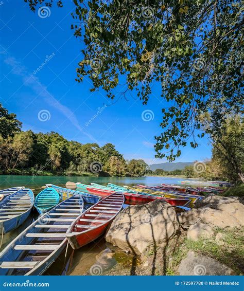 TAMUL, SAN LUIS POTOSI MEXICO - January 6, 2020:Colorful Canoes on the Tamul River in Huasteca ...