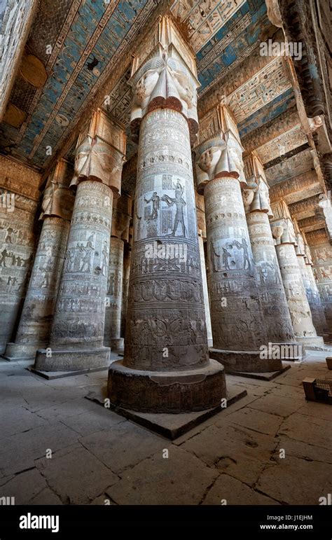 columns of Hathor temple in ptolemaic Dendera Temple complex, Qena, Egypt, Africa Stock Photo ...