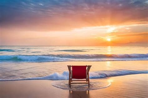 Premium AI Image | A chair on the beach is in the sunset.