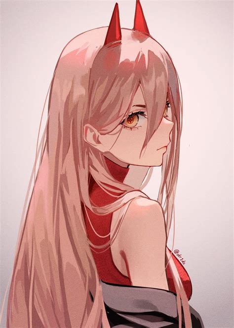 an anime girl with long pink hair and horns on her head looking to the side