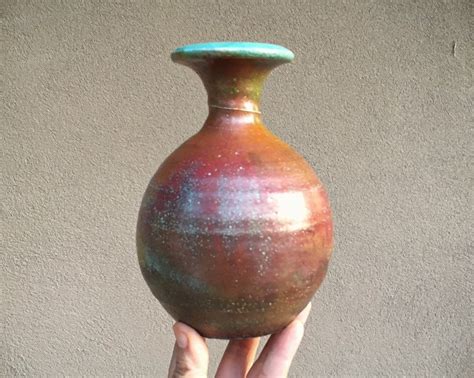 Vintage Japanese Raku Pottery Vase with Celadon Green Interior, Hand Thrown Signed