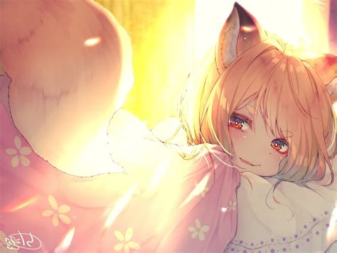 Wallpaper Fang, Cute, Lying Down, Animal Ears, Anime Fox Girl, Blonde ...