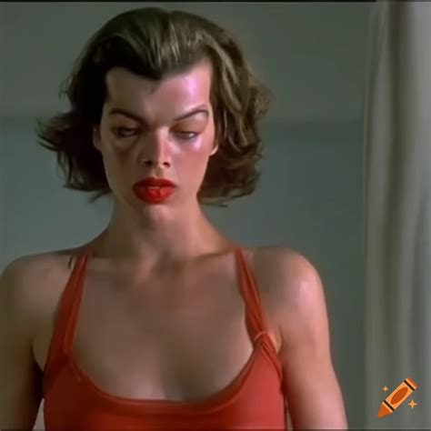 Bruised milla jovovich in 80s movie scene with closed eyes and raised eyebrows on Craiyon