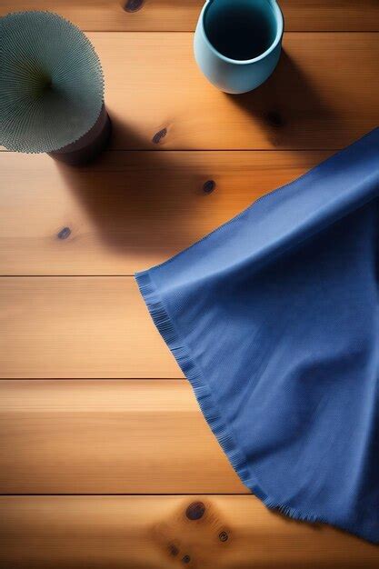 Premium Photo | Blue tablecloth on wooden table top view