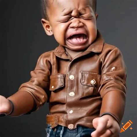 Black toddler boy wearing brown leather shirt and leather shorts crying