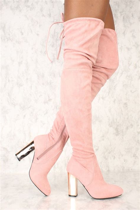 Sexy Dust Pink Pointy Toe Thigh High Boots Metallic Chunky Heel Faux ...