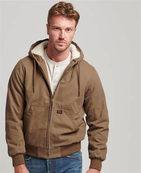 Men's - Workwear Hooded Bomber Jacket in Denim Co Tobacco | Superdry UK