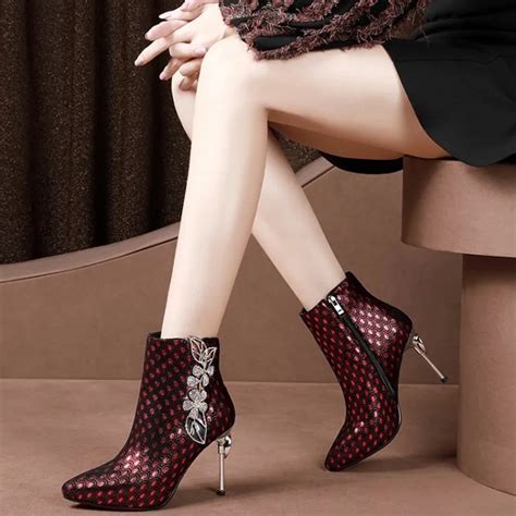 Brand Rhinestone Ankle Boots Women Sexy High Heels Fashion Pointed Toe Genuine Leather Shoes ...