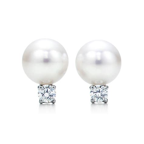 Tiffany Signature® earrings in 18k white gold with Akoya pearls and diamonds. | Tiffany & Co.