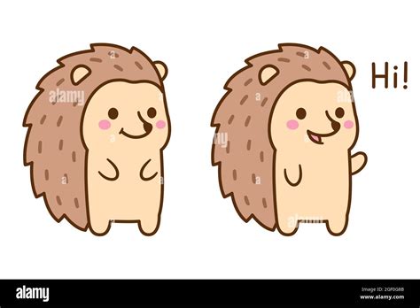 Cute cartoon hedgehog character drawing. Funny kawaii hedgehog waving and saying Hi. Vector clip ...