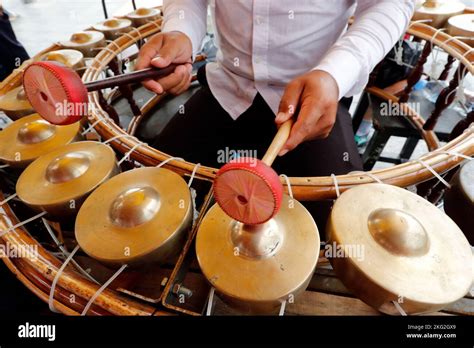 Traditional Khmer music. Gamelan instruments in a cambodian pagoda ...