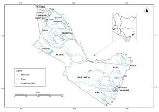 Location of Athi River Catchment Area showing counties administrative ...