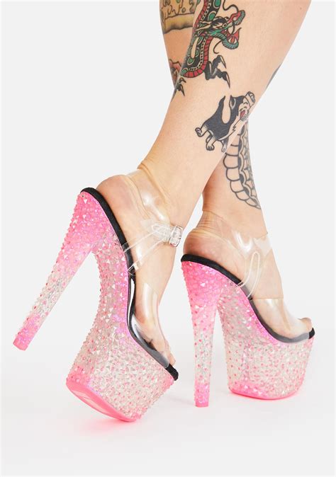 Pleaser Clear UV Reactive Crystal Platform Heels - Pink | Dolls Kill