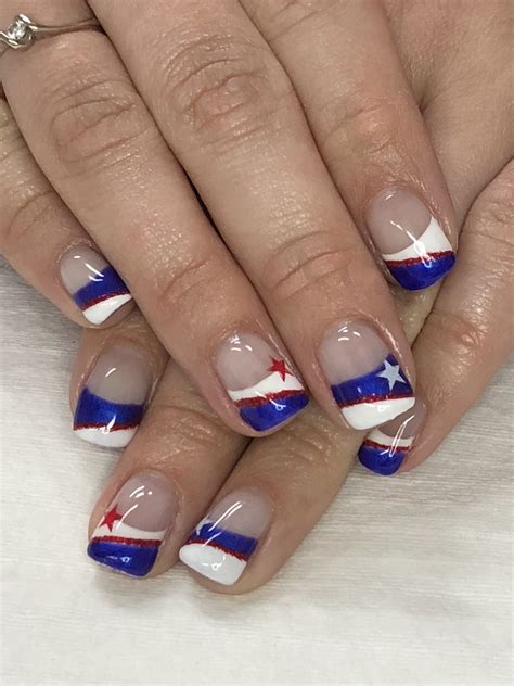 Patriotic Red White & Blue Light Elegance Justice & White Gel Paint French Gel Nails | American ...