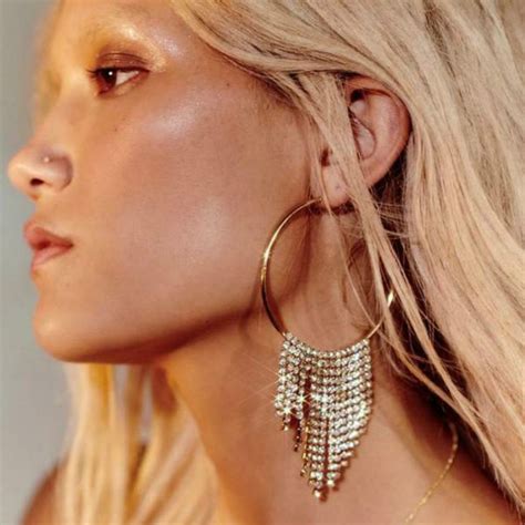Luxury Gold Crystal Big Hoop Earrings Stainless Steel for Women Rhinestone Earrings Tassel Long ...