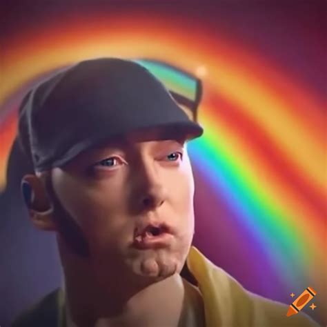 Eminem on a magical school bus in space with a rainbow and beard on Craiyon