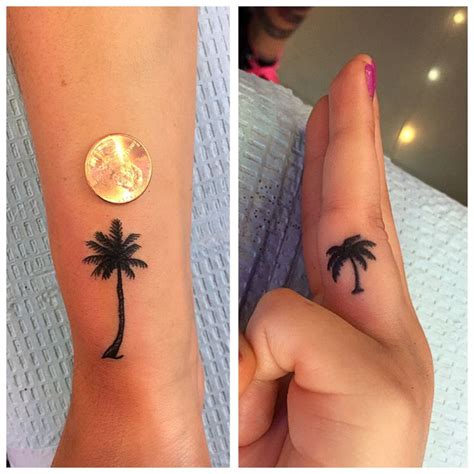 Small palmtree palm tree tattoos on finger and wrist, palm tree silhouette tattoo, tiny small ...