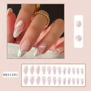 Glossy Almond Ballerina Press On Nails With White And Silvery Swirl Design - Fashionable And ...