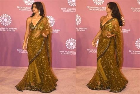 Suhana Khan Steals Spotlight in Sabyasachis Golden Sheer Saree & Heavily Embellished SEXY Blouse ...