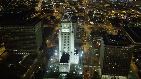 5K stock footage aerial video approaching Los Angeles City Hall at ...