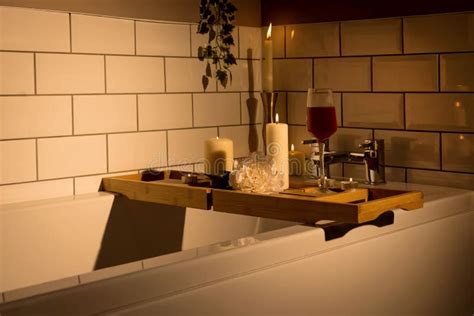 Glass of Wine and Candles on the Bathtub Tray Stock Image - Image of candles, clean: 189861551