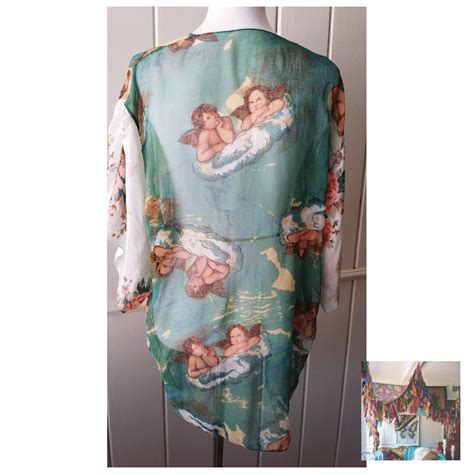 Vintage Scarf Angel Roses Kimono IN STOCK Beach Cover up Jacket Top Hippie Boho Floral Fairy S M ...