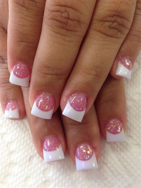 Love the pink glitter with white tips | Pink nail art designs, White tip nails, Cute pink nails