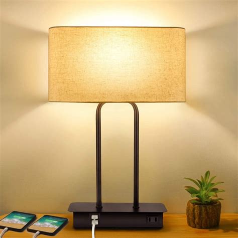 3-Way Dimmable Touch Control Table Lamp with 2 USB Ports and AC Power Outlet Modern Bedside ...