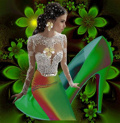 a digital painting of a woman in a dress and high heel shoes with green flowers