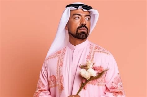 Premium AI Image | Handsome arabian man in traditional clothes on pink background with flowers ...