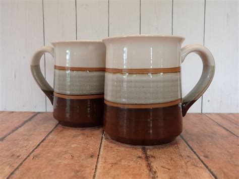 Vintage Stoneware Mugs Set of 2 White with with Tan and Brown Striped and Speckled Modern Design
