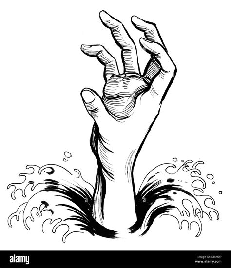 Drowning hand. Ink black and white drawing Stock Photo - Alamy