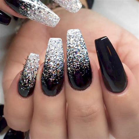 Ombré black and silver glitter nails | Silver glitter nails, Ombre nails glitter, Nails