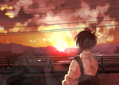 1080P free download | Anime boy, sunset, school uniform, back view ...