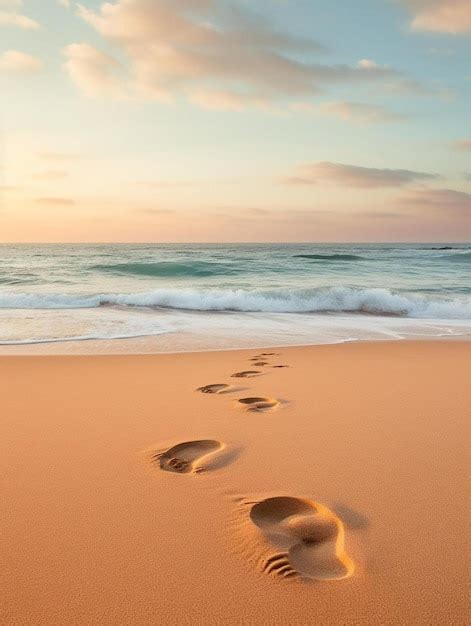 Footprints in the sand on a beach at sunset. | Premium AI-generated image